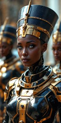 The primary subject of the image is a woman wearing a gold and black outfit, with a gold headdress. She is the main focus of the scene. The setting is a room with other women in the background, possibly in a group or a performance. The visual style is a combination of digital art and illustration, creating a unique and eye-catching image. The colors and mood are rich and luxurious, with the gold and black outfit and headdress adding a sense of elegance and sophistication to the scene.